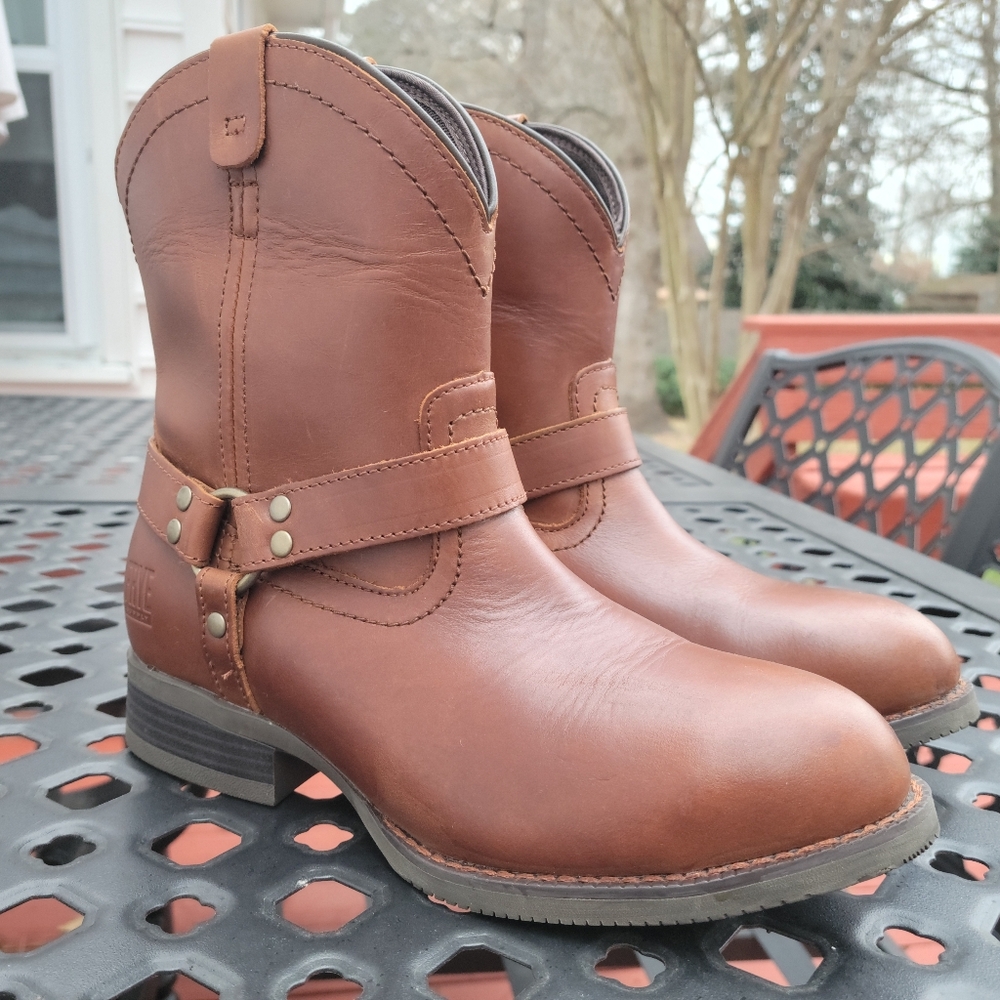 Frye Supply Brown Leather Ankle Harness Boots